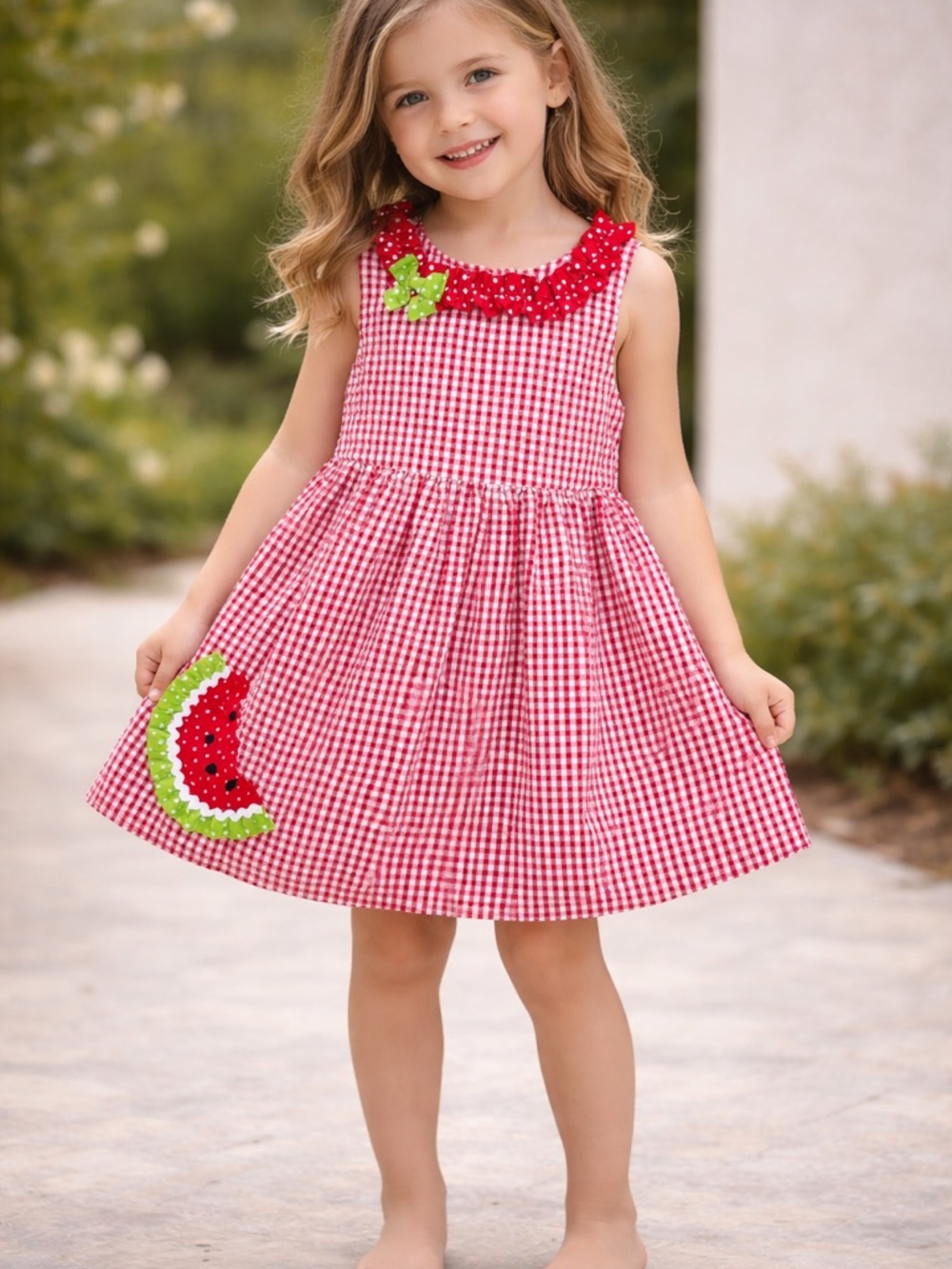 Emily Rose Girls Gingham Dress Size 5 Watermelon Appliqué Summer Cute